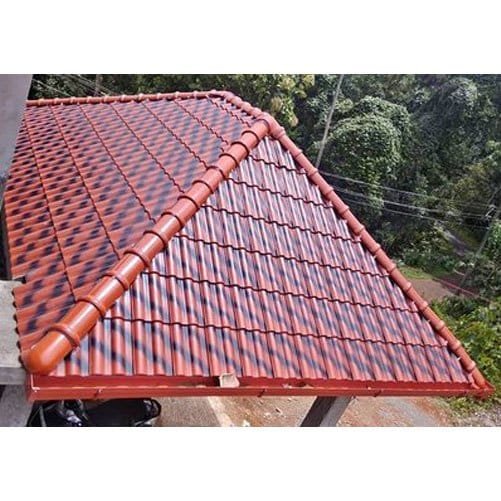 Car porch with red stone coated roof tiles